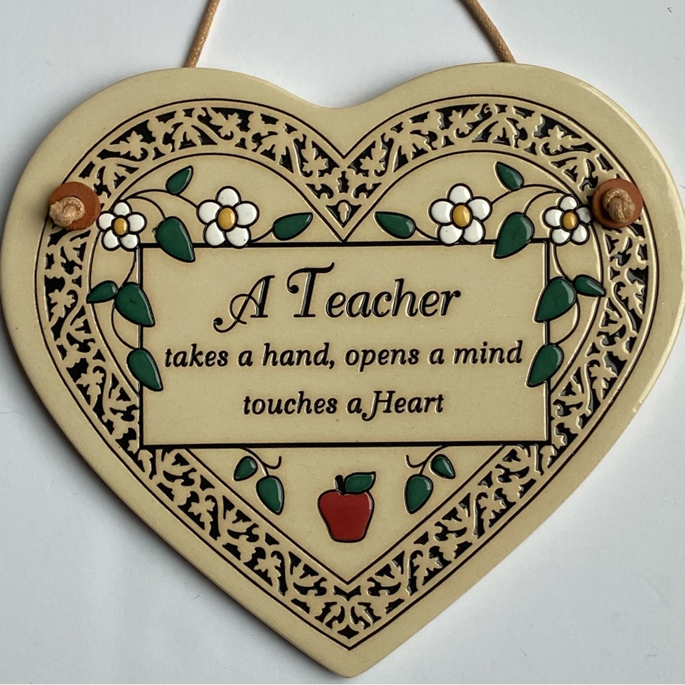 Teacher Plaque Ceramic Heart Tile Hanging 6” Trinity Pottery Made In USA EUC